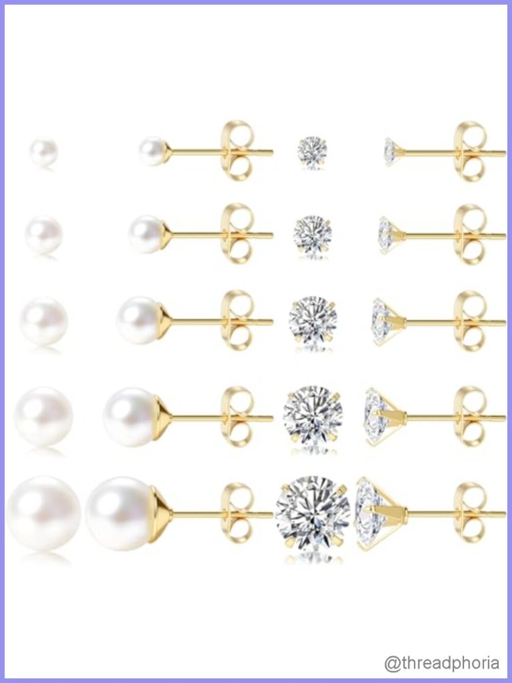 14K Gold Plated Stud Earrings Set Hypoallergenic CZ Pearl 10 Pairs